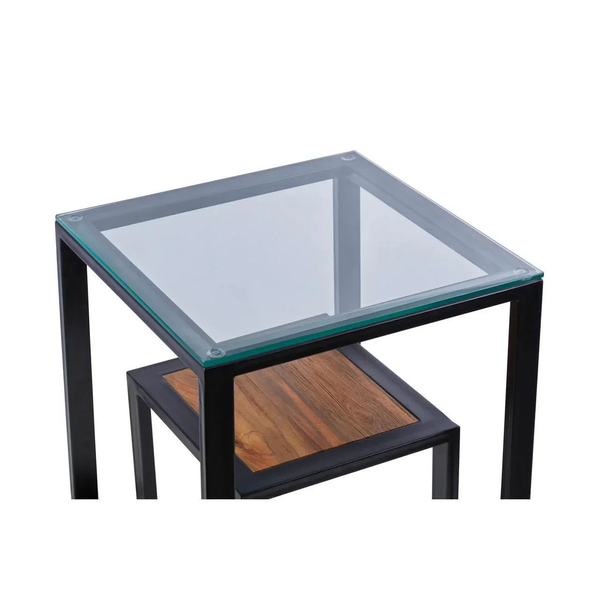 Square glass top side table with black metal frame and lower wooden shelf