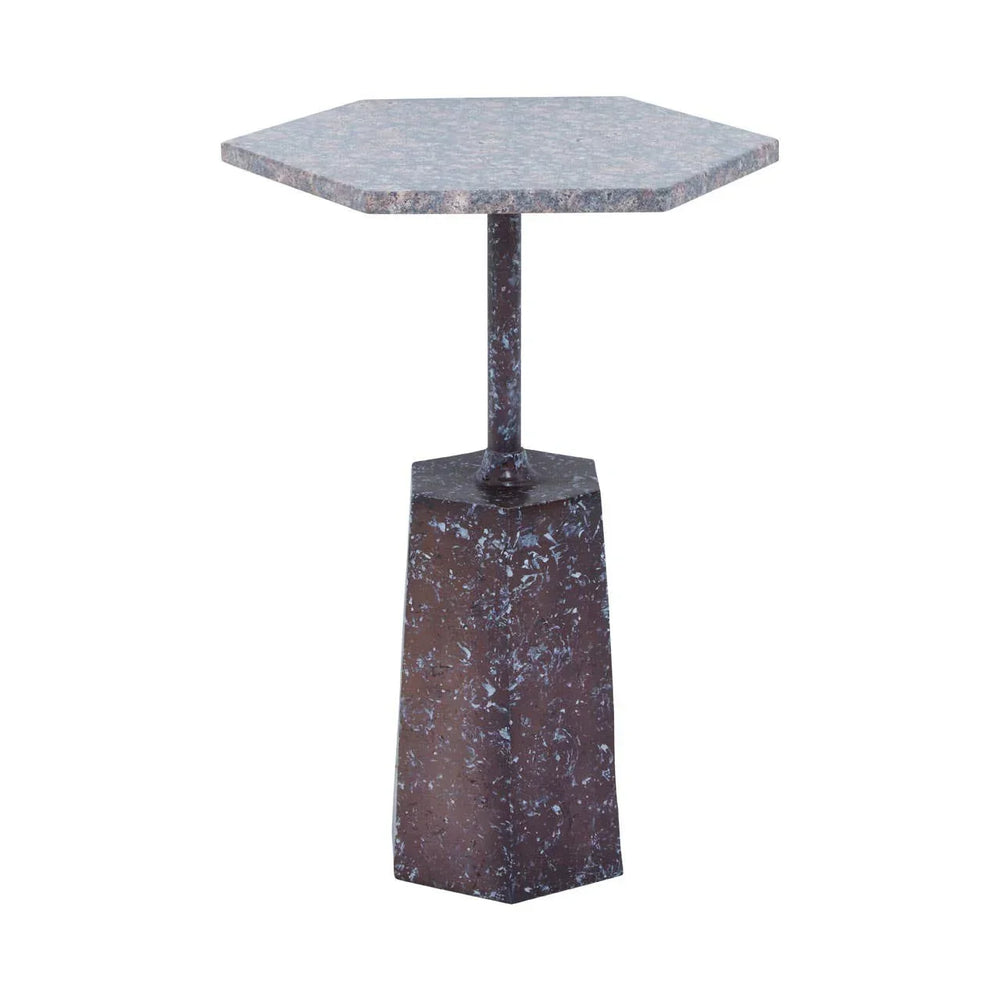 Hexagonal marble side table with dark textured base and contemporary design