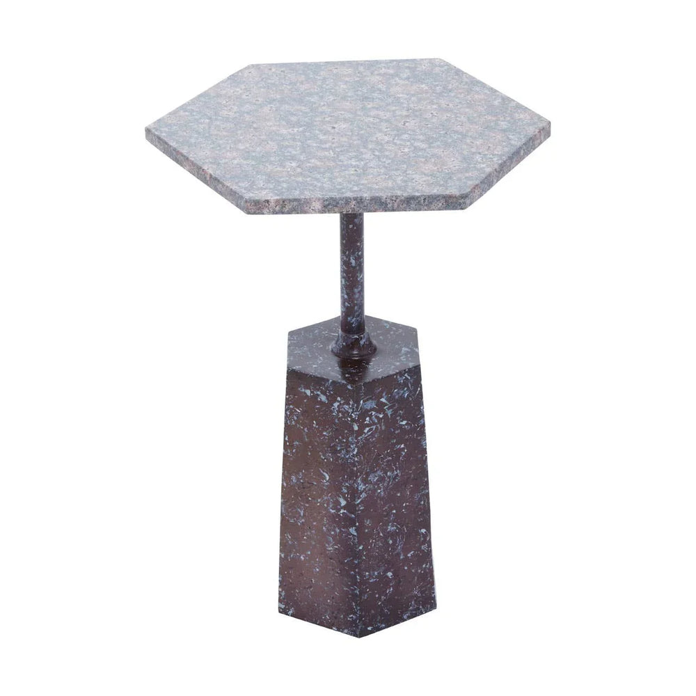 Hexagonal marble side table with pedestal base and speckled dark blue finish