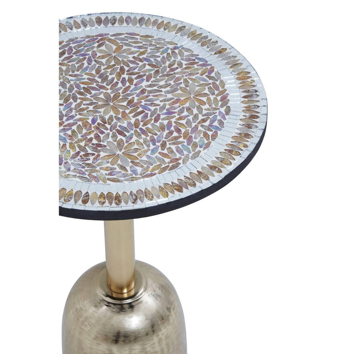 Round mosaic side table with brass base and floral tile pattern top
