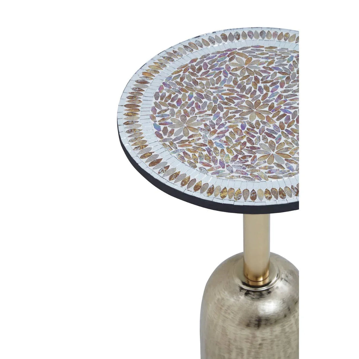 Round mosaic side table with gold metal base and floral tile pattern on top