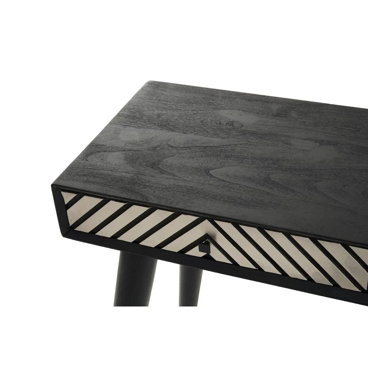Black wooden console table with diagonal patterned drawer and tapered legs