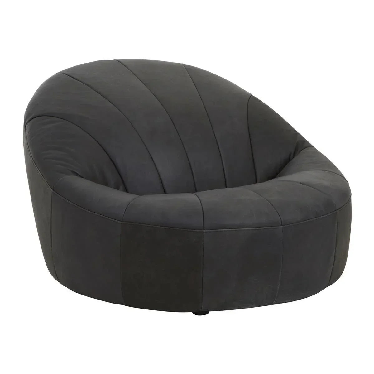 Black fabric accent chair with curved back and modern stitched panel design