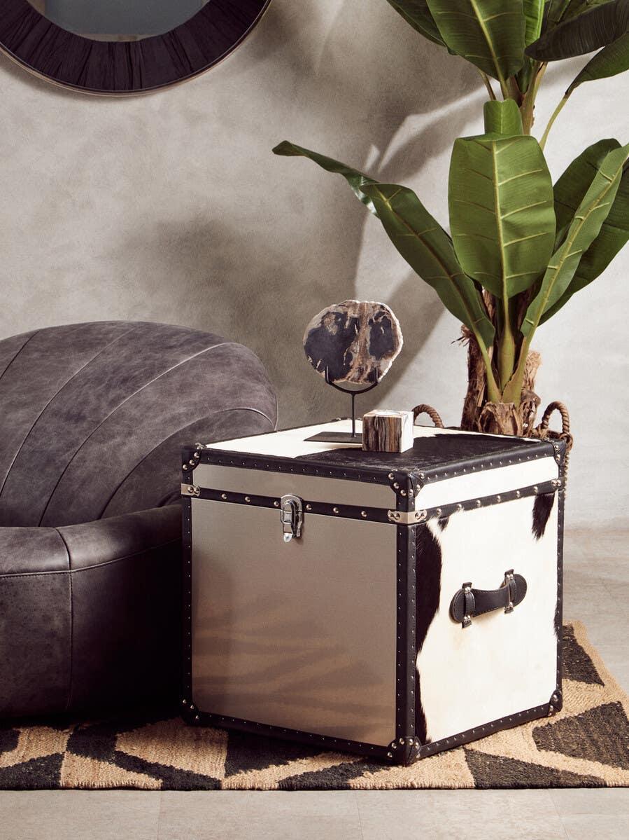 Cowhide storage trunk with metal accents beside grey chair and indoor plant on patterned rug