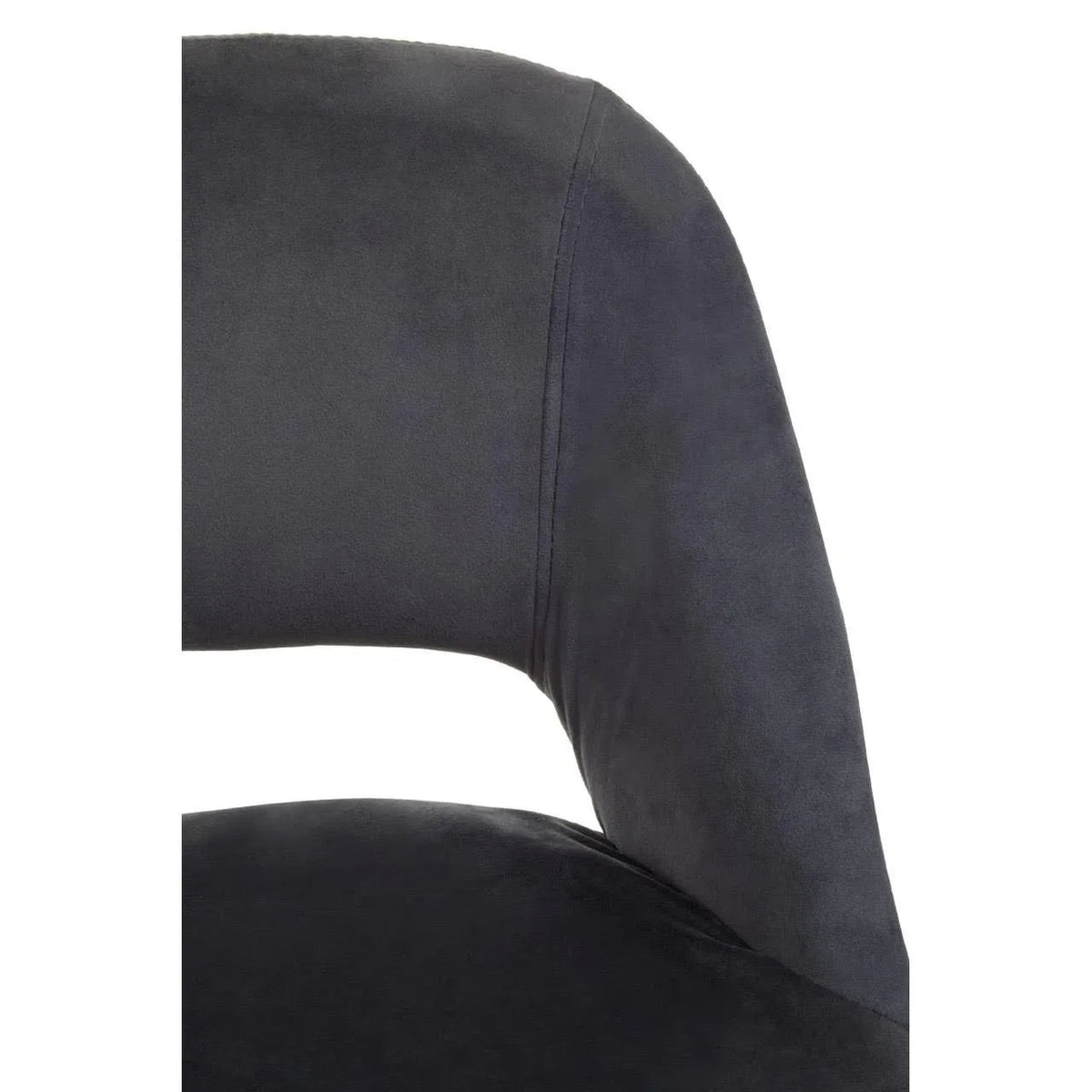 Close up of dark fabric dining chair backrest and seat with stitching detail