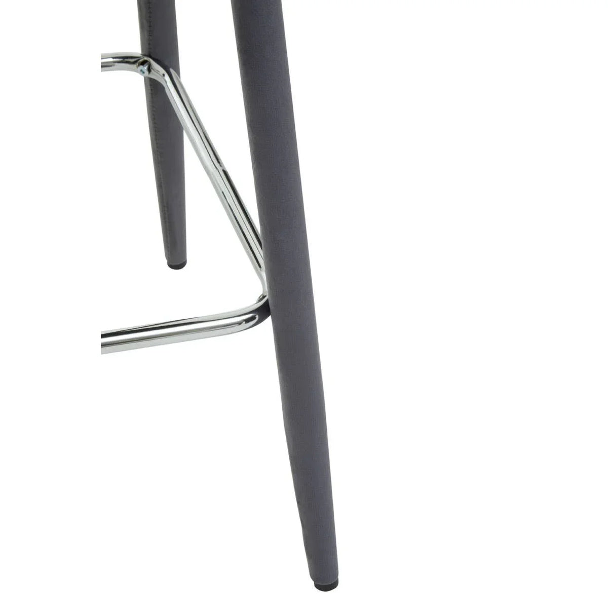 Grey bar stool legs with chrome footrest and fabric upholstery close-up