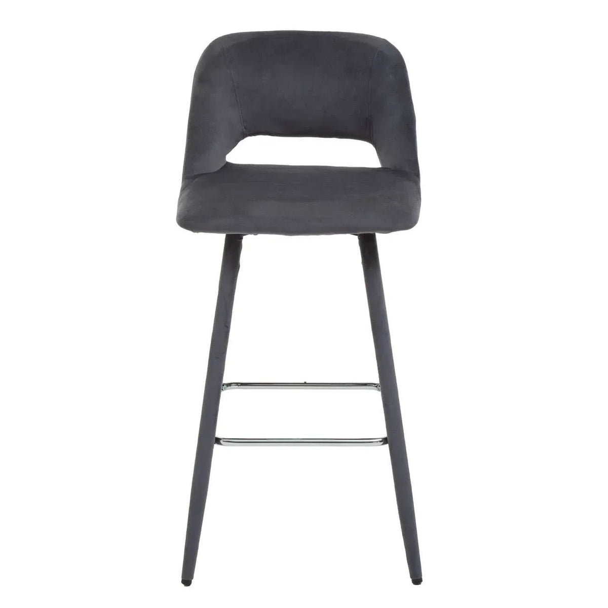 Charcoal grey bar stool with curved back, open cut-out below the backrest, and metal legs, front view