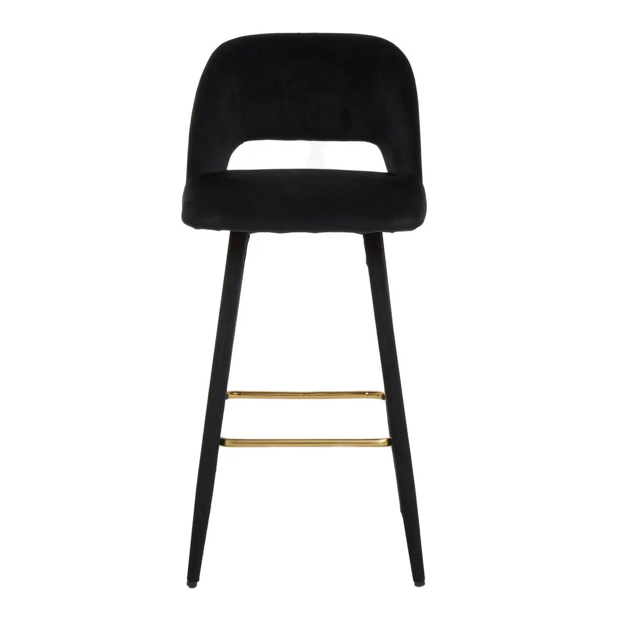 Black velvet bar chair with cut-out backrest and gold-tone footrest bars, front view