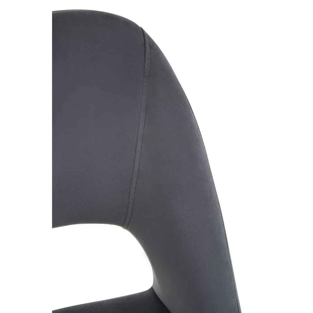 Close-up of grey dining chair backrest with stitched detail and curved design