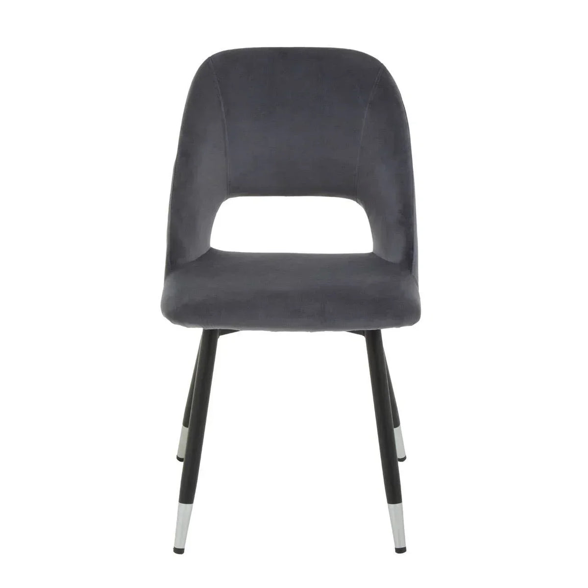 Grey velvet dining chair with open backrest and black metal legs, front angle view