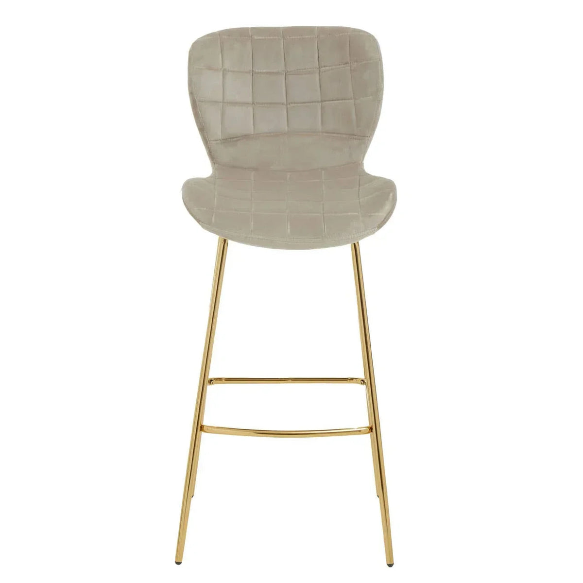Cream quilted velvet bar stool with gold metal legs, front view