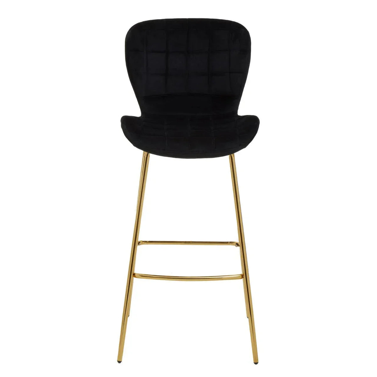 Black velvet bar chair with quilted back panel and gold metal legs, front view