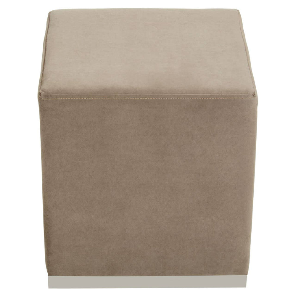 Square stool featuring a soft mink-colored fabric upholstery and a sleek silver base, designed for versatile home decor use