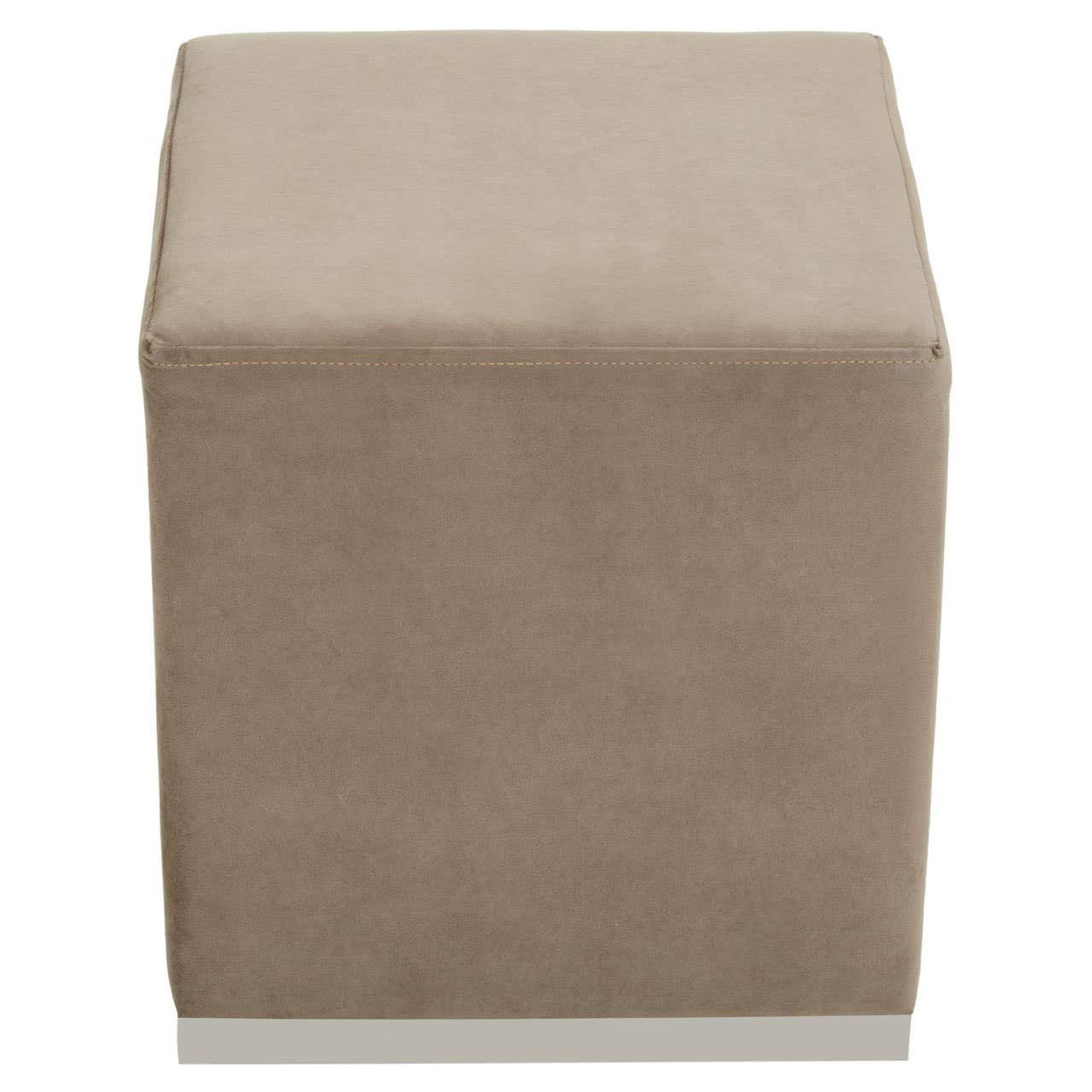 Square stool featuring a soft mink-colored fabric upholstery and a sleek silver base, designed for versatile home decor use