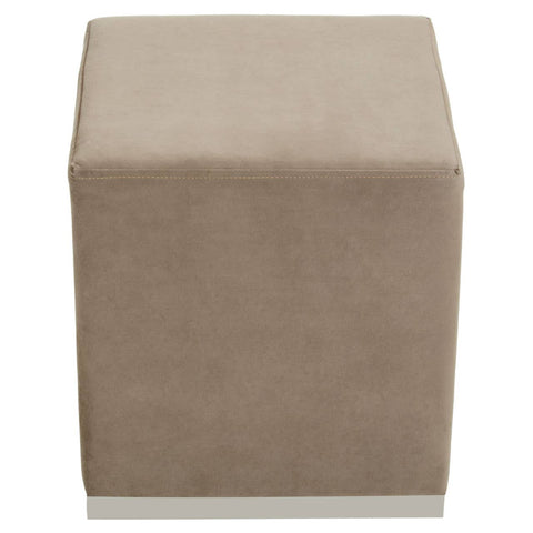 Square stool featuring a soft mink-colored fabric upholstery and a sleek silver base, designed for versatile home decor use