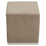 Square stool featuring a soft mink-colored fabric upholstery and a sleek silver base, designed for versatile home decor use