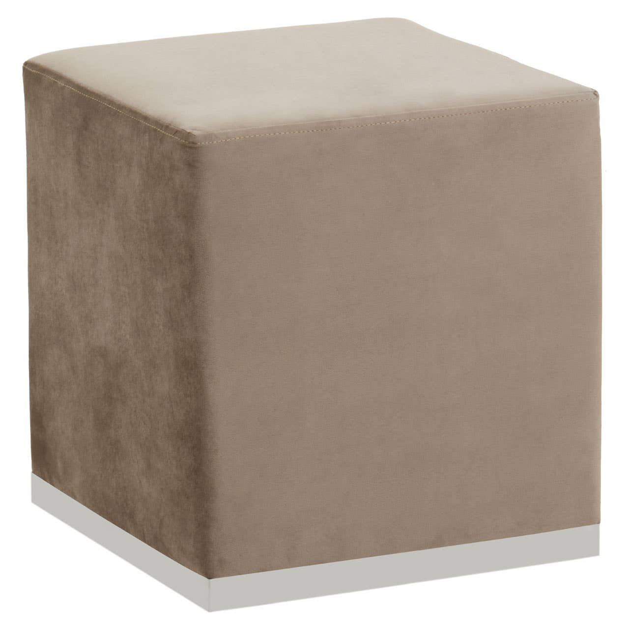 Square stool upholstered in a soft mink-colored fabric, featuring a sleek silver base. The design is modern and minimalist, with clean lines and a plush top surface