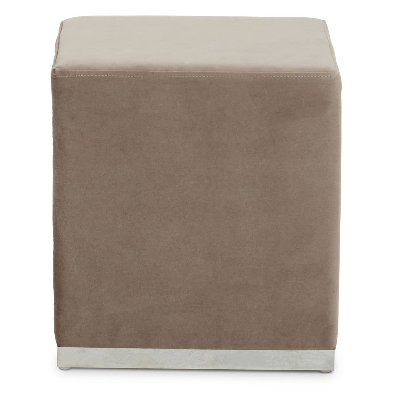 Square stool featuring a soft mink-colored fabric upholstery and a sleek silver base, designed for versatile home decor use