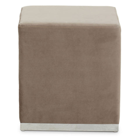 Square stool featuring a soft mink-colored fabric upholstery and a sleek silver base, designed for versatile home decor use