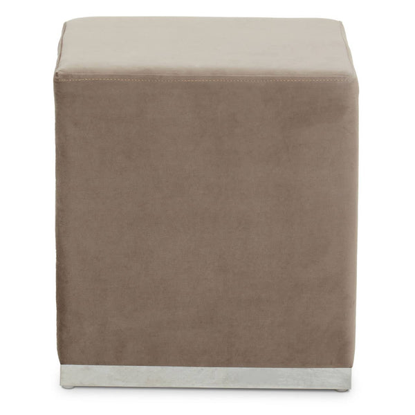 Square stool featuring a soft mink-colored fabric upholstery and a sleek silver base, designed for versatile home decor use