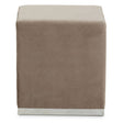 Square stool featuring a soft mink-colored fabric upholstery and a sleek silver base, designed for versatile home decor use