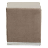 Square stool featuring a soft mink-colored fabric upholstery and a sleek silver base, designed for versatile home decor use