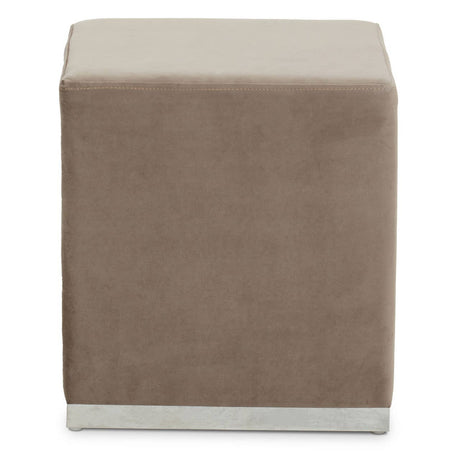 Square stool featuring a soft mink-colored fabric upholstery and a sleek silver base, designed for versatile home decor use