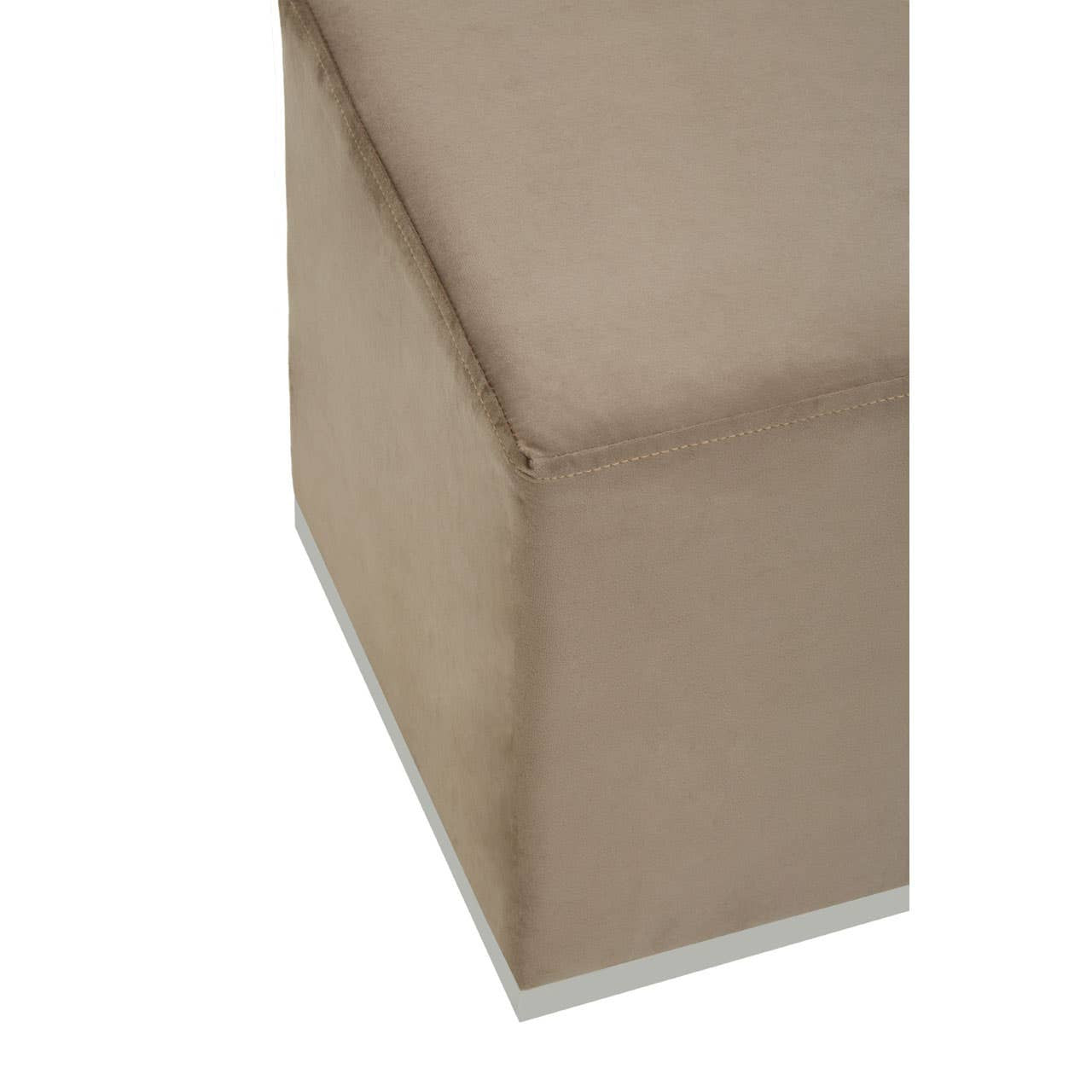 Square stool featuring a soft mink-colored upholstery with a sleek silver base, showcasing clean lines and a modern design. The stool has a minimalist aesthetic, suitable for various home decor styles
