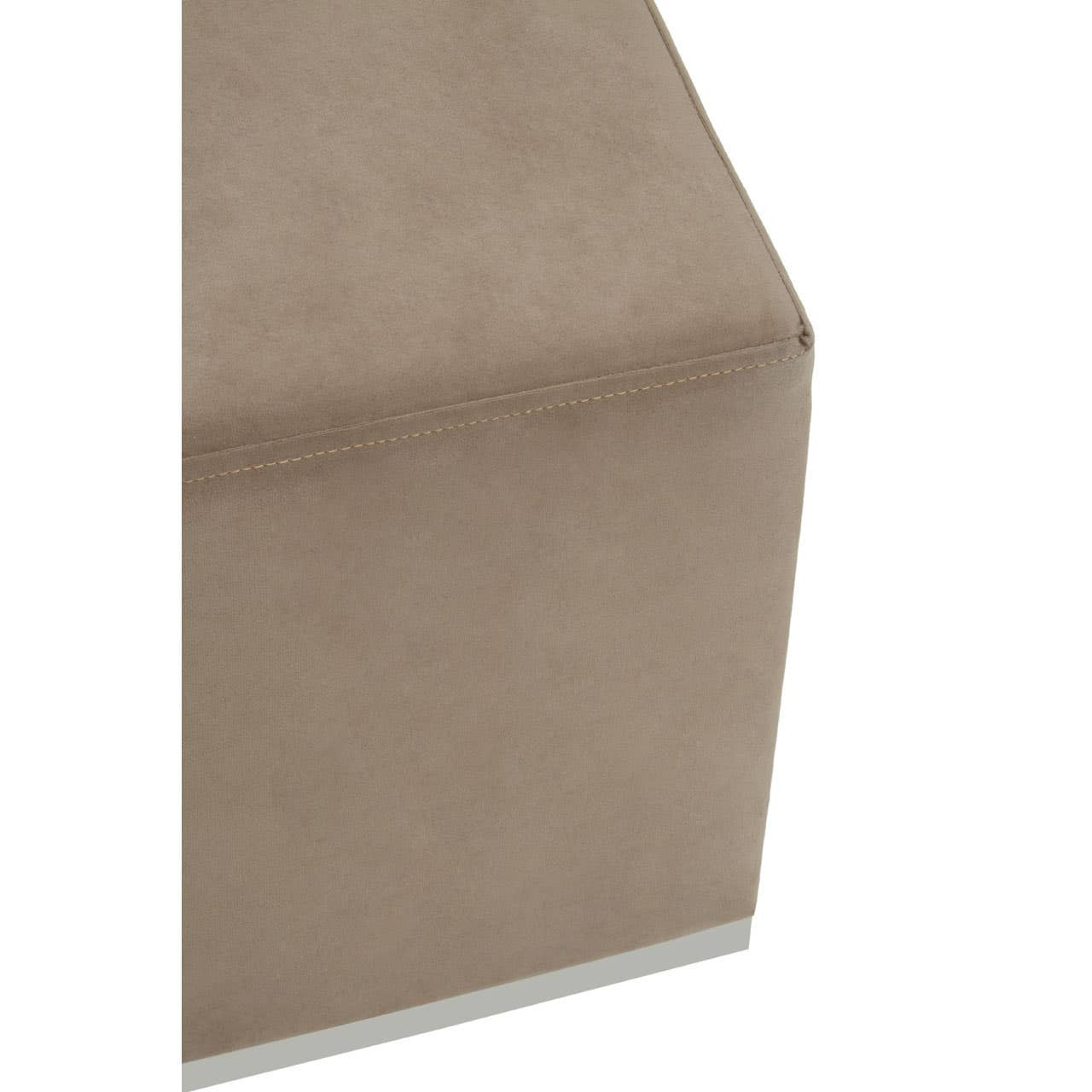 Square stool featuring a soft mink-colored upholstery with a smooth texture, complemented by a sleek silver base. The design is modern and minimalist, suitable for various home decor styles