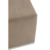 Square stool featuring a soft mink-colored upholstery with a smooth texture, complemented by a sleek silver base. The design is modern and minimalist, suitable for various home decor styles