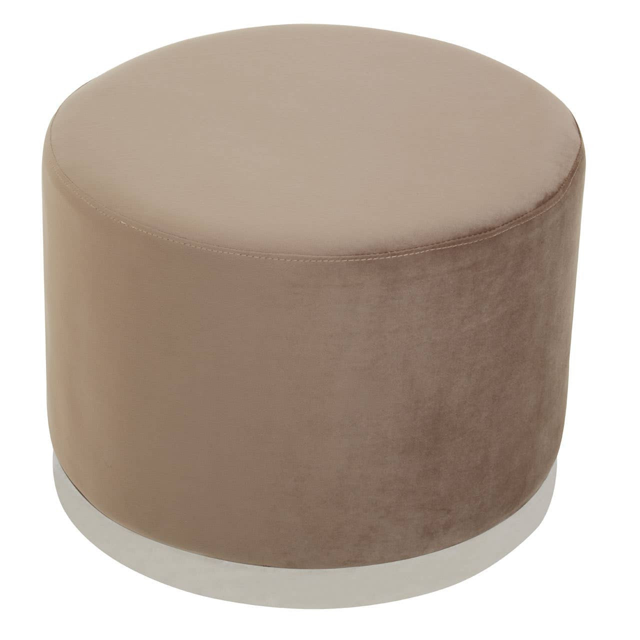 Round stool featuring a soft mink-colored upholstery with a sleek silver base, designed for versatile home decor use