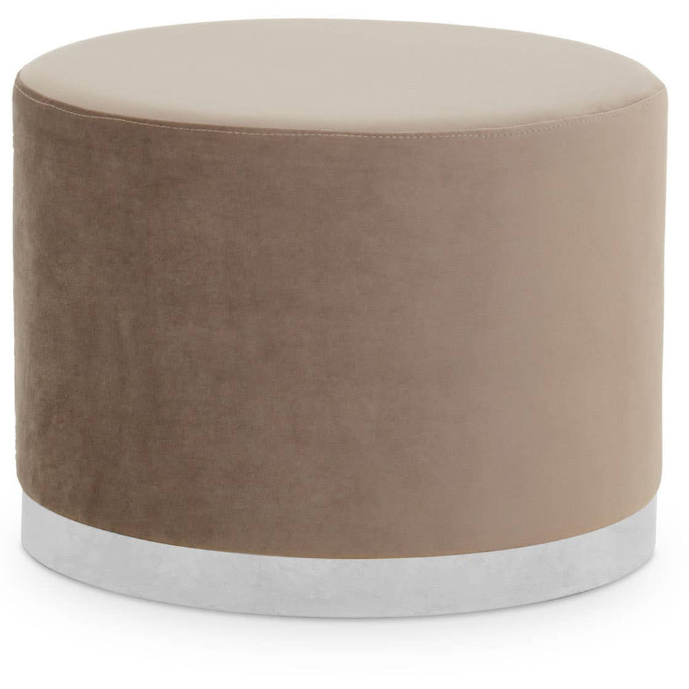 Round stool featuring a soft mink-colored fabric upholstery and a sleek silver base, designed for modern home decor