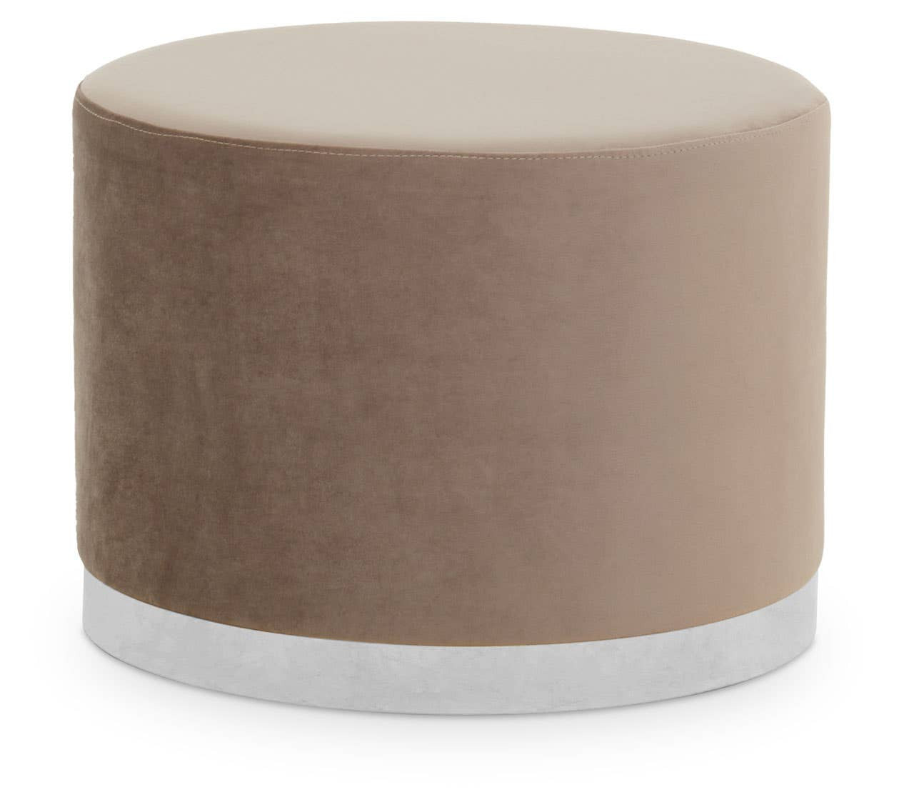 Round stool featuring a soft mink-colored fabric upholstery and a sleek silver base, designed for modern home decor