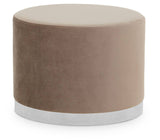 Round stool featuring a soft mink-colored fabric upholstery and a sleek silver base, designed for modern home decor