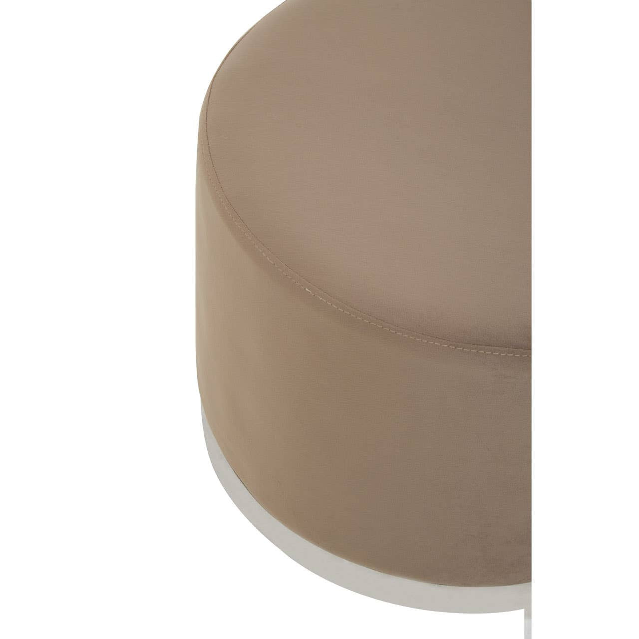 Round stool featuring a soft mink-colored upholstery with a sleek silver base. The design is minimalist, showcasing a smooth, rounded top and a clean, modern aesthetic