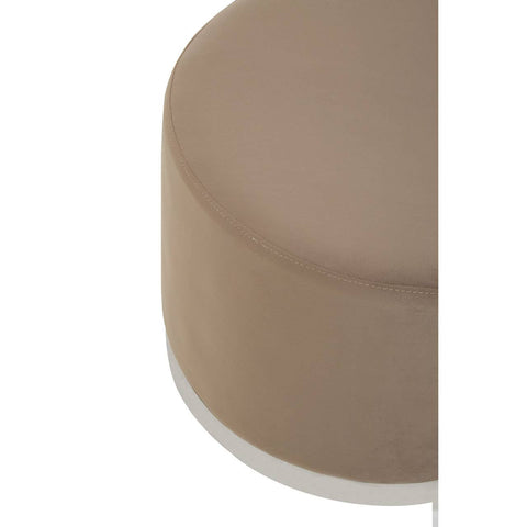 Round stool featuring a soft mink-colored upholstery with a sleek silver base. The design is minimalist, showcasing a smooth, rounded top and a clean, modern aesthetic