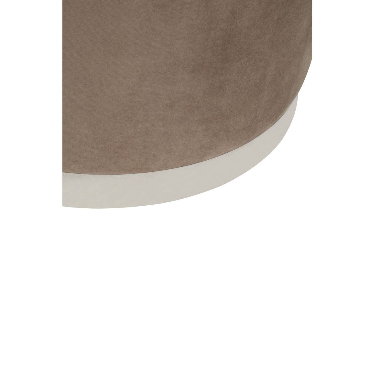 Round stool featuring a soft mink-colored upholstery with a sleek silver base. The design is modern and minimalist, showcasing a smooth transition from the plush top to the metallic bottom