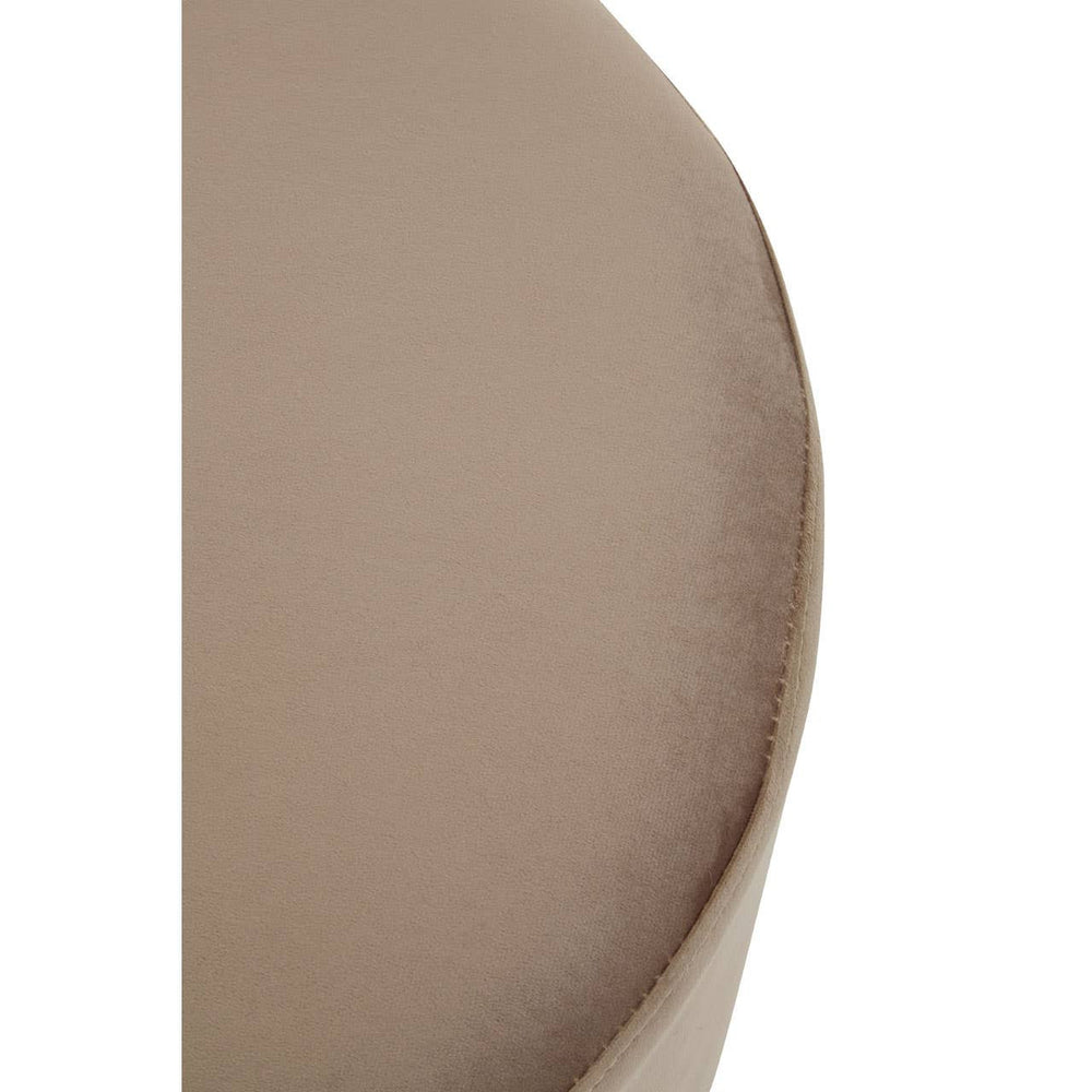 Round stool featuring a soft mink-colored upholstery with a smooth, curved surface and a sleek silver base, designed for modern home decor