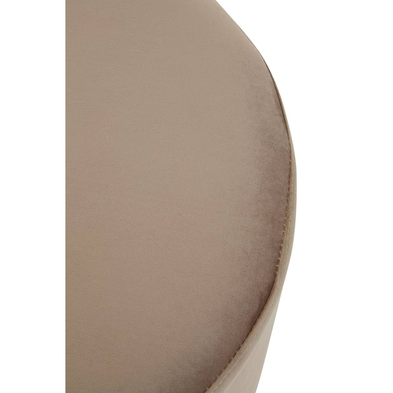 Round stool featuring a soft mink-colored upholstery with a smooth, curved surface and a sleek silver base, designed for modern home decor