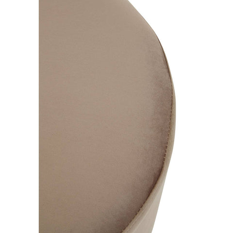 Round stool featuring a soft mink-colored upholstery with a smooth, curved surface and a sleek silver base, designed for modern home decor