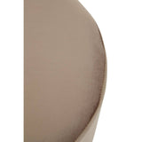 Round stool featuring a soft mink-colored upholstery with a smooth, curved surface and a sleek silver base, designed for modern home decor