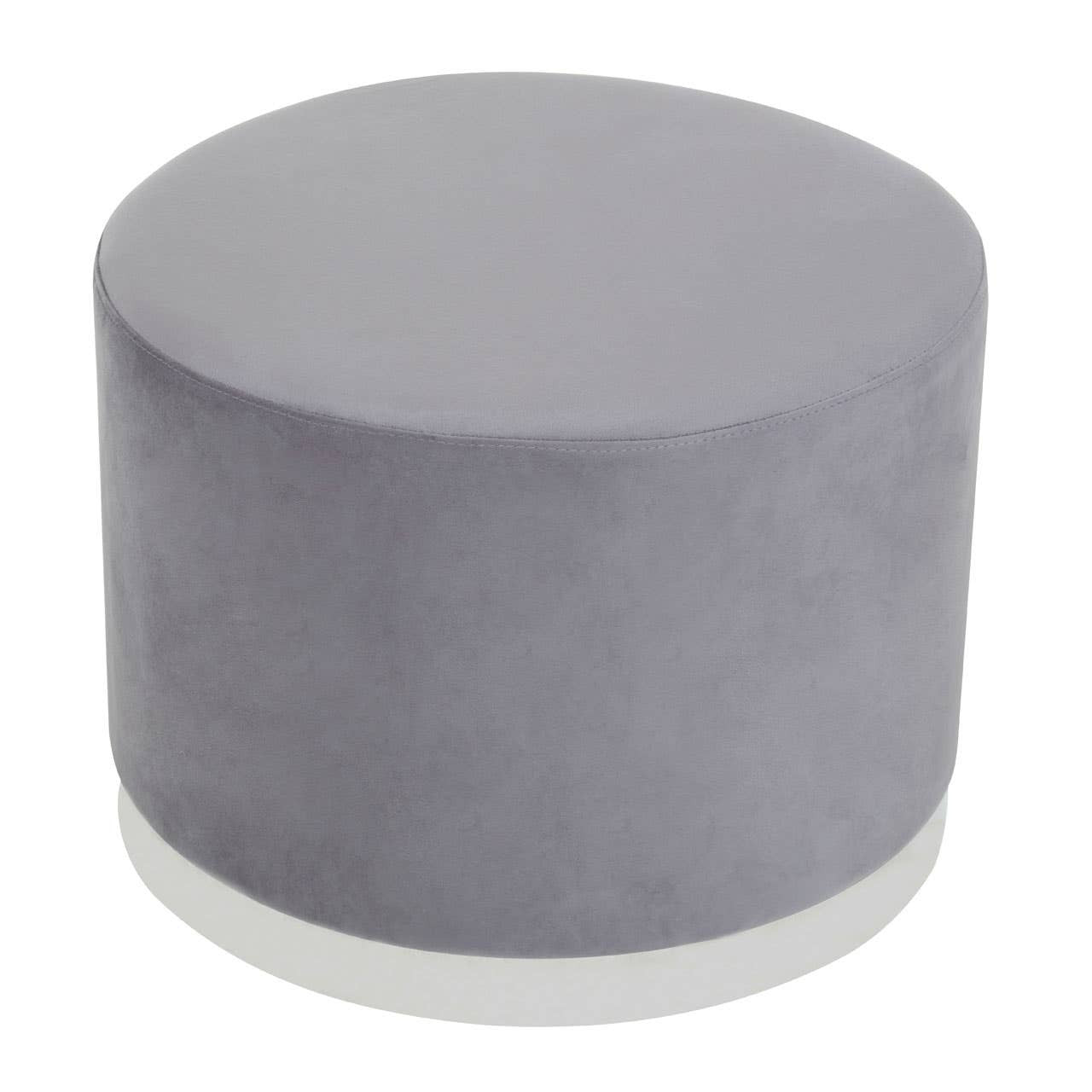 Round stool featuring a soft grey fabric upholstery and a sleek silver base, designed for modern home decor