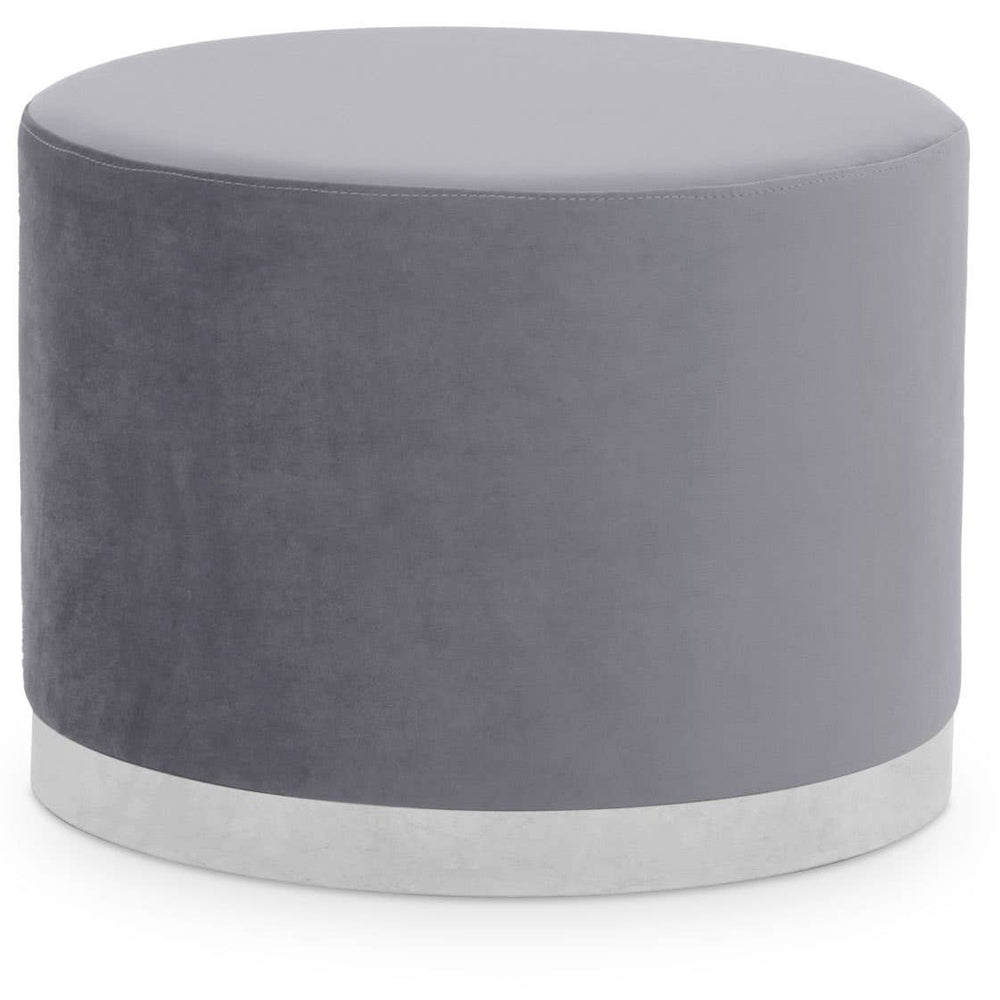 Round stool featuring a soft grey upholstered top and a sleek silver base, designed for modern home decor