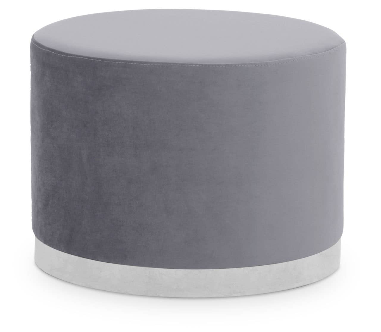 Round stool featuring a soft grey upholstered top and a sleek silver base, designed for modern home decor