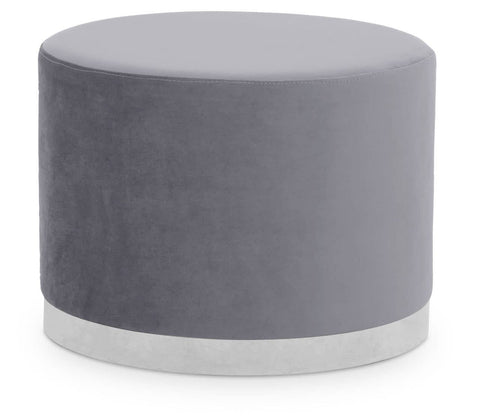 Round stool featuring a soft grey upholstered top and a sleek silver base, designed for modern home decor