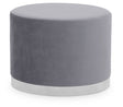 Round stool featuring a soft grey upholstered top and a sleek silver base, designed for modern home decor