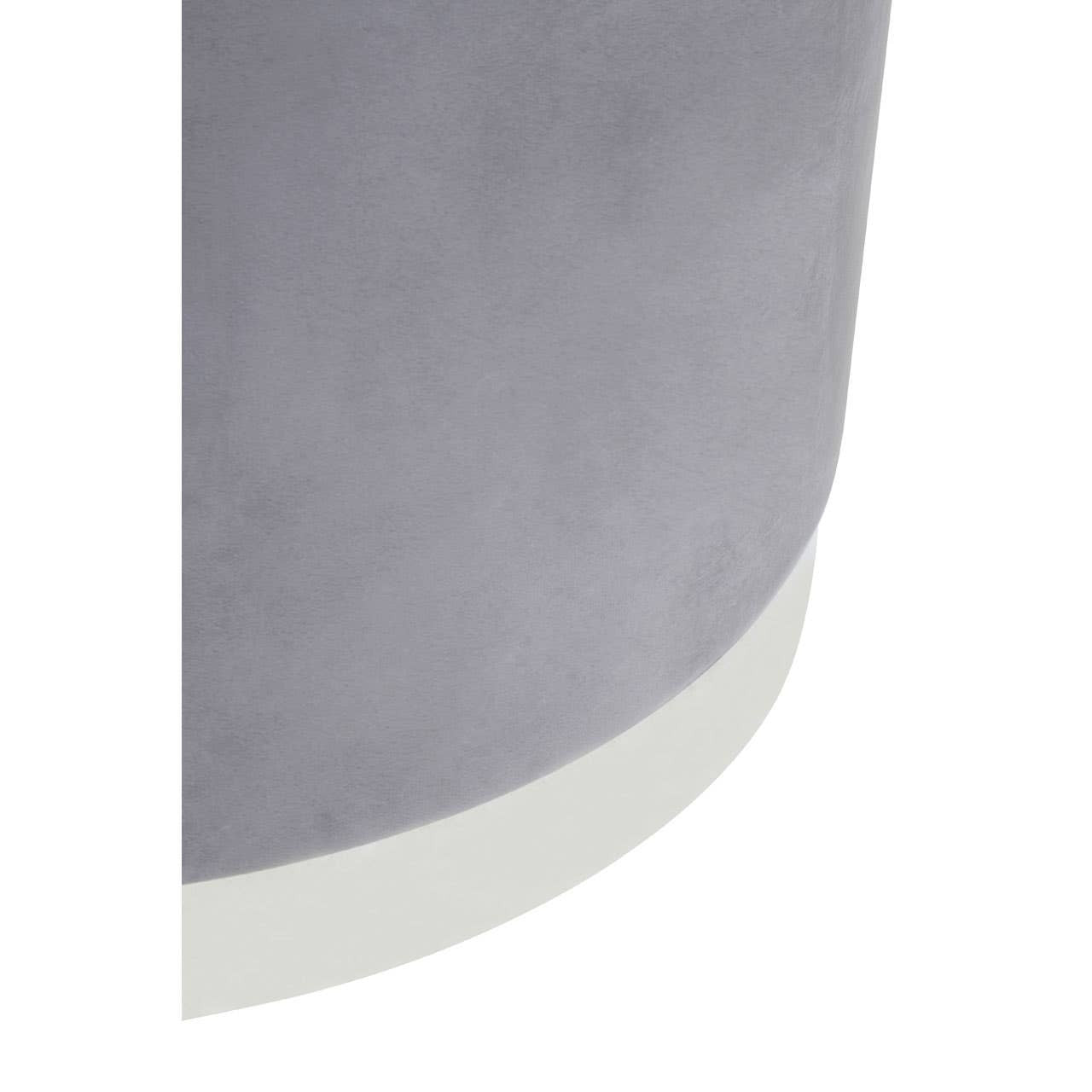 Round stool featuring a soft grey fabric upholstery with a sleek silver base, showcasing a modern and minimalist design. The stool has a smooth, rounded shape and a subtle texture, making it a stylish addition to any home decor