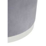 Round stool featuring a soft grey fabric upholstery with a sleek silver base, showcasing a modern and minimalist design. The stool has a smooth, rounded shape and a subtle texture, making it a stylish addition to any home decor