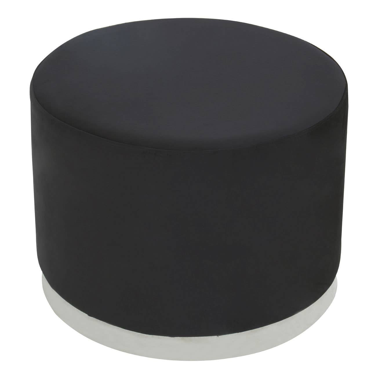 Round stool featuring a sleek black fabric top and a shiny silver base, designed for modern home decor
