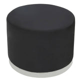 Round stool featuring a sleek black fabric top and a shiny silver base, designed for modern home decor